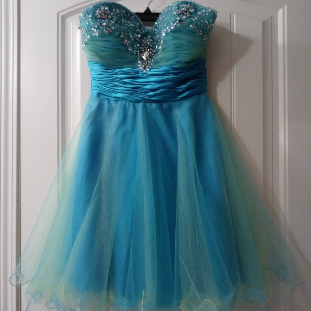 Support Ukraine @ Prom! Cocktail Mini Dress Beaded Tulle Satin Size SMALL